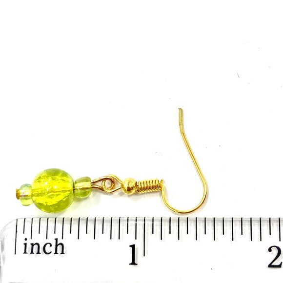 Murano Style Art Glass Bead Earrings Lime Green Gold Plated Crackled Glass Balls - Picture 8 of 8